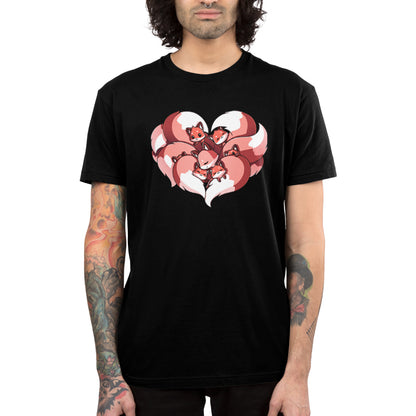 A person wearing a monsterdigital A Mother's Love t-shirt made of 100% Super Soft Ringspun Cotton, featuring a graphic of five red foxes forming a heart shape.