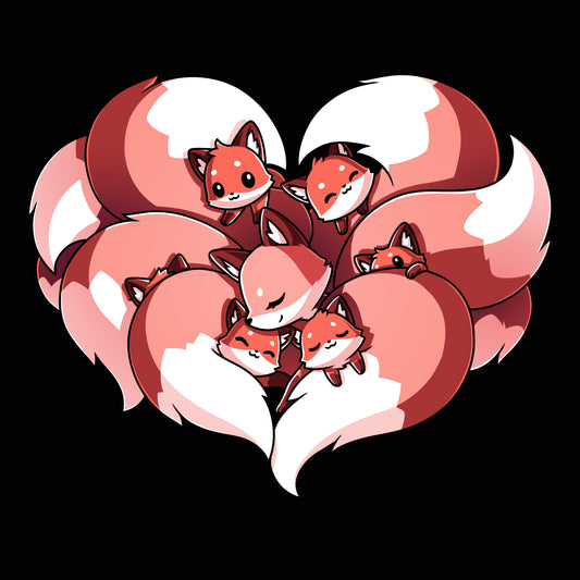 The black t-shirt features a cluster of stylized, red and white foxes napping with their bodies curled in a heart shape, symbolizing 