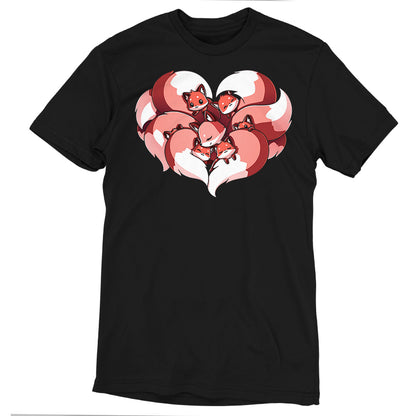 The black t-shirt, titled "A Mother's Love" by monsterdigital, features a charming design of three foxes curled up together in a heart shape on the front. Crafted from 100% super soft ringspun cotton, this shirt offers both comfort and style.