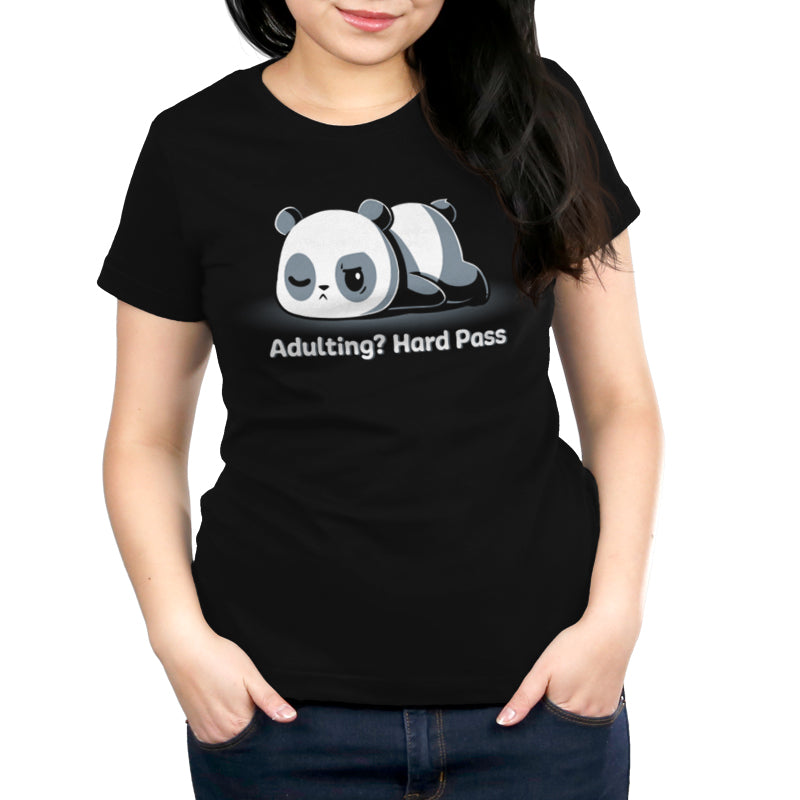 Premium Cotton T-shirt_TeeTurtle Adulting? Hard Pass black t-shirt featuring a panda lying down with a bored expression.