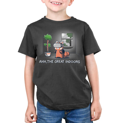 A child wearing a charcoal t-shirt featuring a raccoon in virtual reality gear, plants, and the text "AHH, THE GREAT INDOORS." The super soft ringspun cotton ensures a comfortable fit. The product is called Ahh, The Great Indoors by monsterdigital.