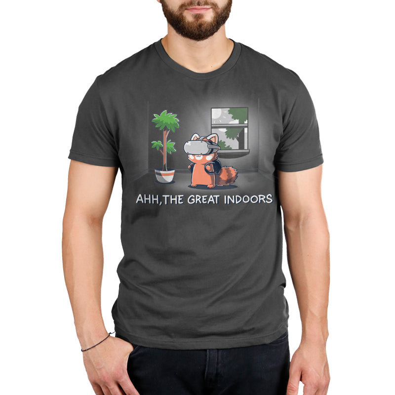A person wears the Ahh, The Great Indoors by monsterdigital, a super soft ringspun cotton, charcoal t-shirt featuring an illustration of a fox with VR goggles indoors with a potted plant and window, and the caption "AHH, THE GREAT INDOORS".
