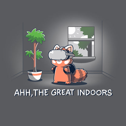 A cartoon fox wearing a VR headset stands indoors beside a potted plant and a window, pictured on a super soft ringspun cotton charcoal t-shirt. The text below reads, "AHH, THE GREAT INDOORS". The t-shirt is called Ahh, The Great Indoors and it's by monsterdigital.