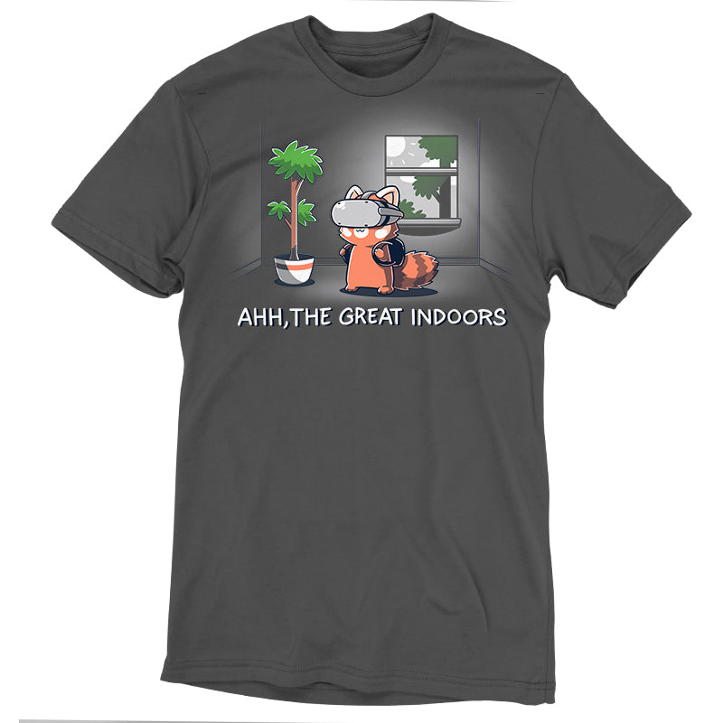 A super soft ringspun cotton charcoal t-shirt featuring a graphic of a fox wearing a virtual reality headset, standing inside a room with a potted plant and window. The text below reads, "AHH, THE GREAT INDOORS." Introducing the Ahh, The Great Indoors by monsterdigital.