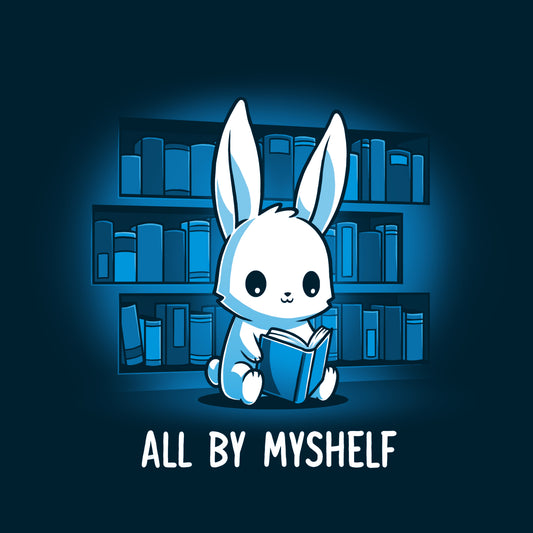 Illustration of a cute rabbit sitting in front of bookshelves, reading a book, with the text 