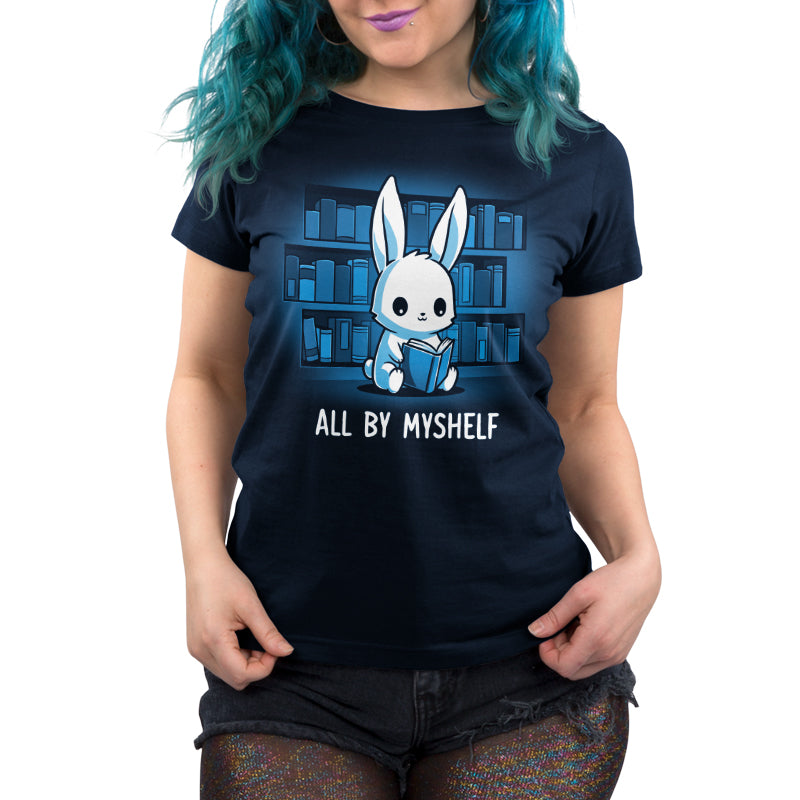 Premium Cotton T-shirt_TeeTurtle All By MyShelf navy blue t-shirt featuring a cute white rabbit sitting in front of bookshelves, reading a book, with the text "All By MyShelf" written below.