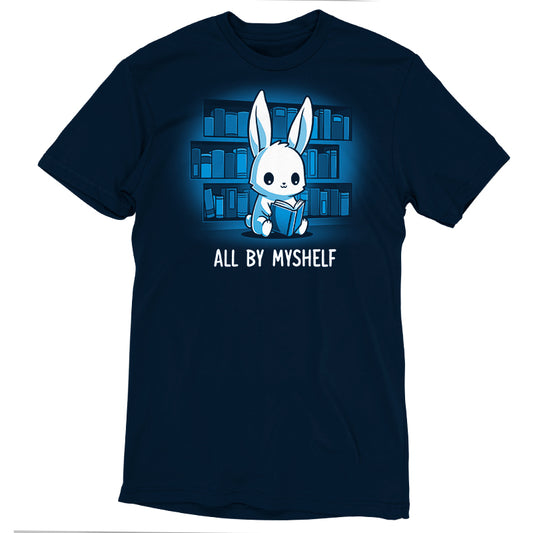 Navy blue t-shirt in super soft ringspun cotton, featuring a cartoon bunny reading a book in front of bookshelves with the text 