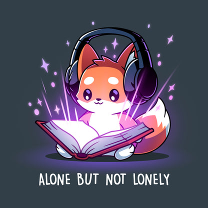 Premium Cotton T-shirt_TeeTurtle denim blue Alone But Not Lonely featuring an introverted fox sitting down with a book and headphones.