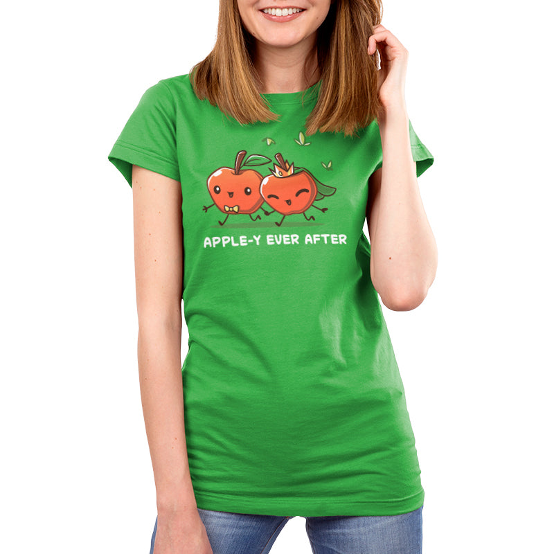 Premium Cotton T-shirt - A person wearing an apple green unisex apparelwith a design featuring two apples holding hands and the text "APPLE-Y EVER AFTER." Made from 100% super soft ringspun cotton, this charming monsterdigital Apple-y Ever After apparel is perfect for anyone.