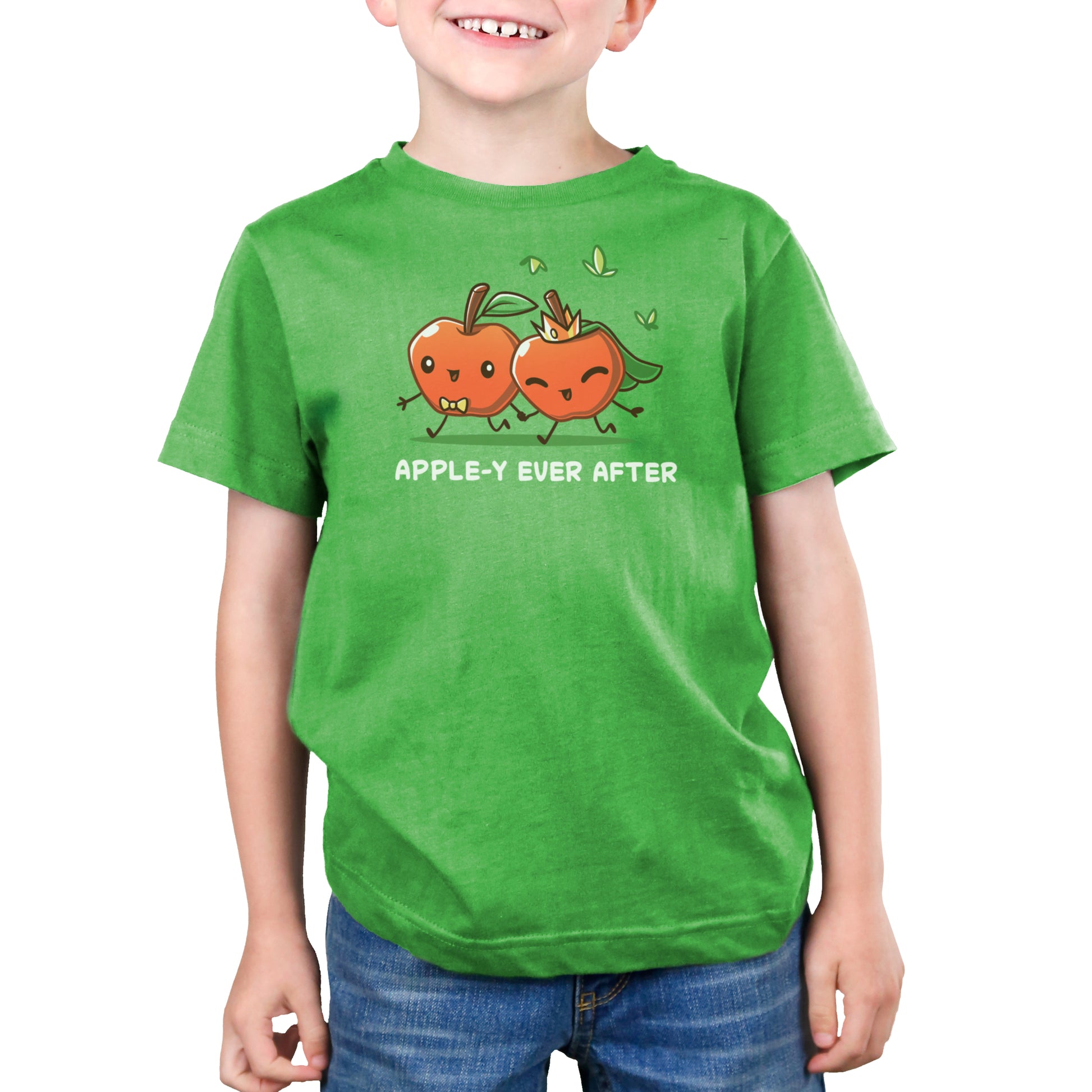 Premium Cotton T-shirt - A child in an apple green unisex apparelwith cartoon apples holding hands and the phrase "APPLE-Y EVER AFTER" printed on it. The Apple-y Ever After by monsterdigital is made from 100% super soft ringspun cotton.