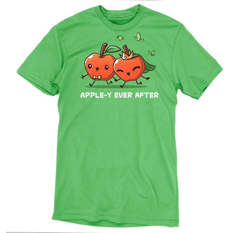 Premium Cotton T-shirt - Apple-y Ever After by monsterdigital featuring two cartoon apples holding hands with the text "Apple-y Ever After" below them, crafted from 100% super soft ringspun cotton for a cozy fit. This unisex apparelis perfect for anyone looking to add a whimsical touch to their wardrobe.