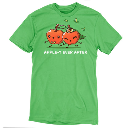 Premium Cotton T-shirt - Apple-y Ever After by monsterdigital featuring two cartoon apples holding hands with the text "Apple-y Ever After" below them, crafted from 100% super soft ringspun cotton for a cozy fit. This unisex apparelis perfect for anyone looking to add a whimsical touch to their wardrobe.