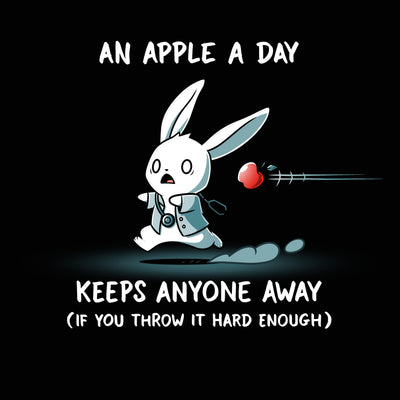 Premium Cotton T-shirt_TeeTurtle black An Apple A Day Keeps Anyone Away featuring a rabbit, dressed in a doctor uniform, running away from a flying apple. Text above reads, "an apple a day keeps anyone away," and below, "(if you throw it hard enough)."