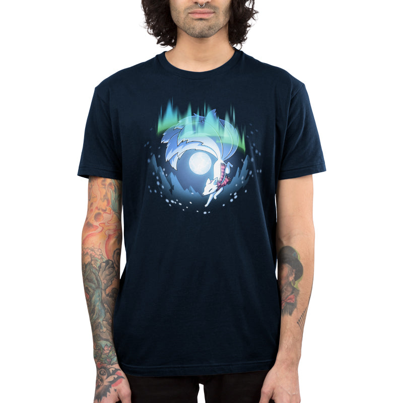 Premium Cotton T-shirt_TeeTurtle navy blue Aurora Kitsune apparel featuring a white kitsune running through the aurora borealis with snowy mountains and a full moon in the background.