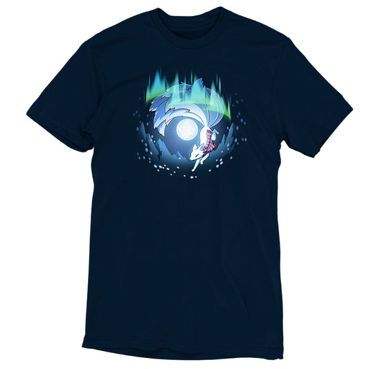 Premium Cotton T-shirt_TeeTurtle navy blue Aurora Kitsune apparel featuring a white kitsune running through the aurora borealis with snowy mountains and a full moon in the background.