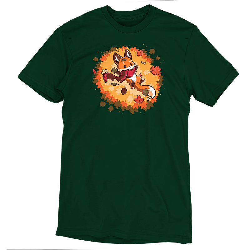 Premium Cotton T-shirt_A cartoon fox wearing a scarf lies on its back surrounded by colorful autumn leaves, showcased on a cozy forest green tee. This Autumn Fox apparel by monsterdigital captures the essence of the season in soft ringspun cotton.