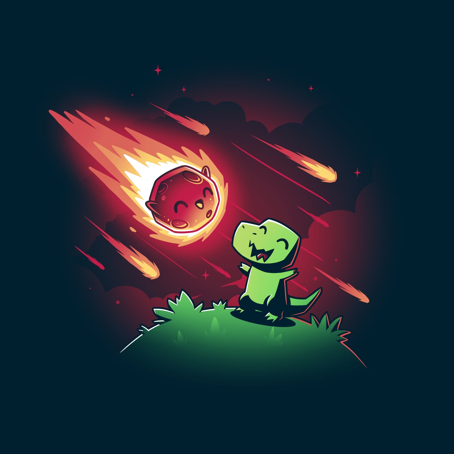 Premium Cotton T-shirt_Teeturtle BFFs (Dino and Meteor) navy blue t-shirt featuring a dinosaur looking up at a smiling, fiery meteor streaking across a starry night sky, surrounded by smaller meteors.