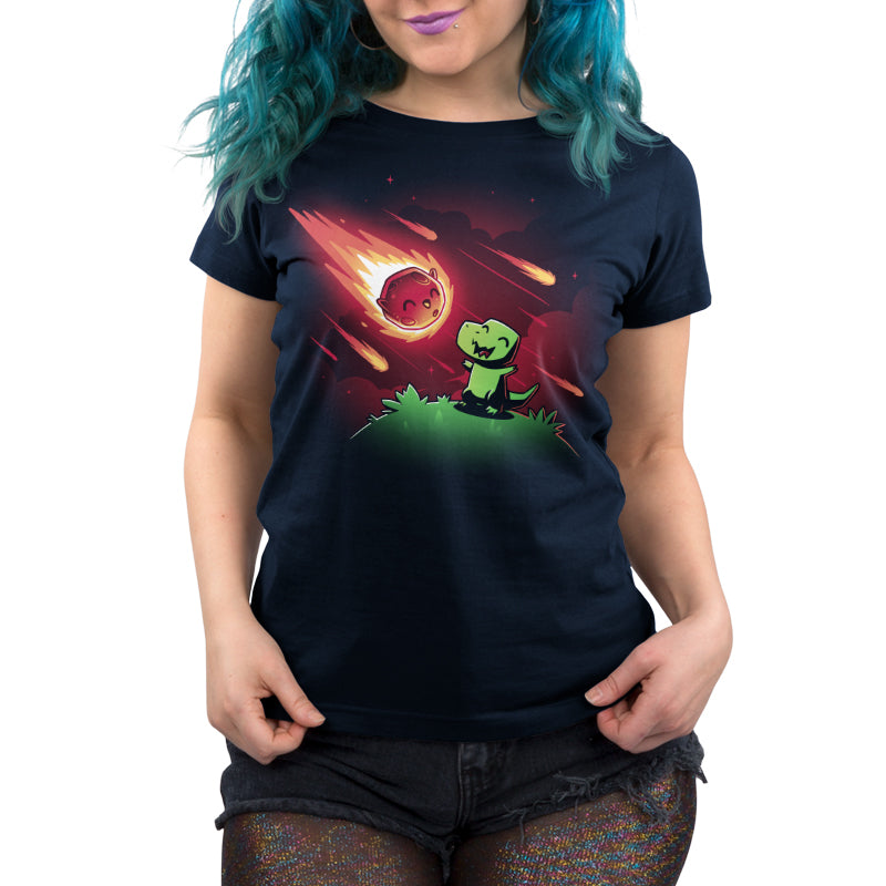 Premium Cotton T-shirt_Teeturtle BFFs (Dino and Meteor) navy blue t-shirt featuring a dinosaur looking up at a smiling, fiery meteor streaking across a starry night sky, surrounded by smaller meteors.