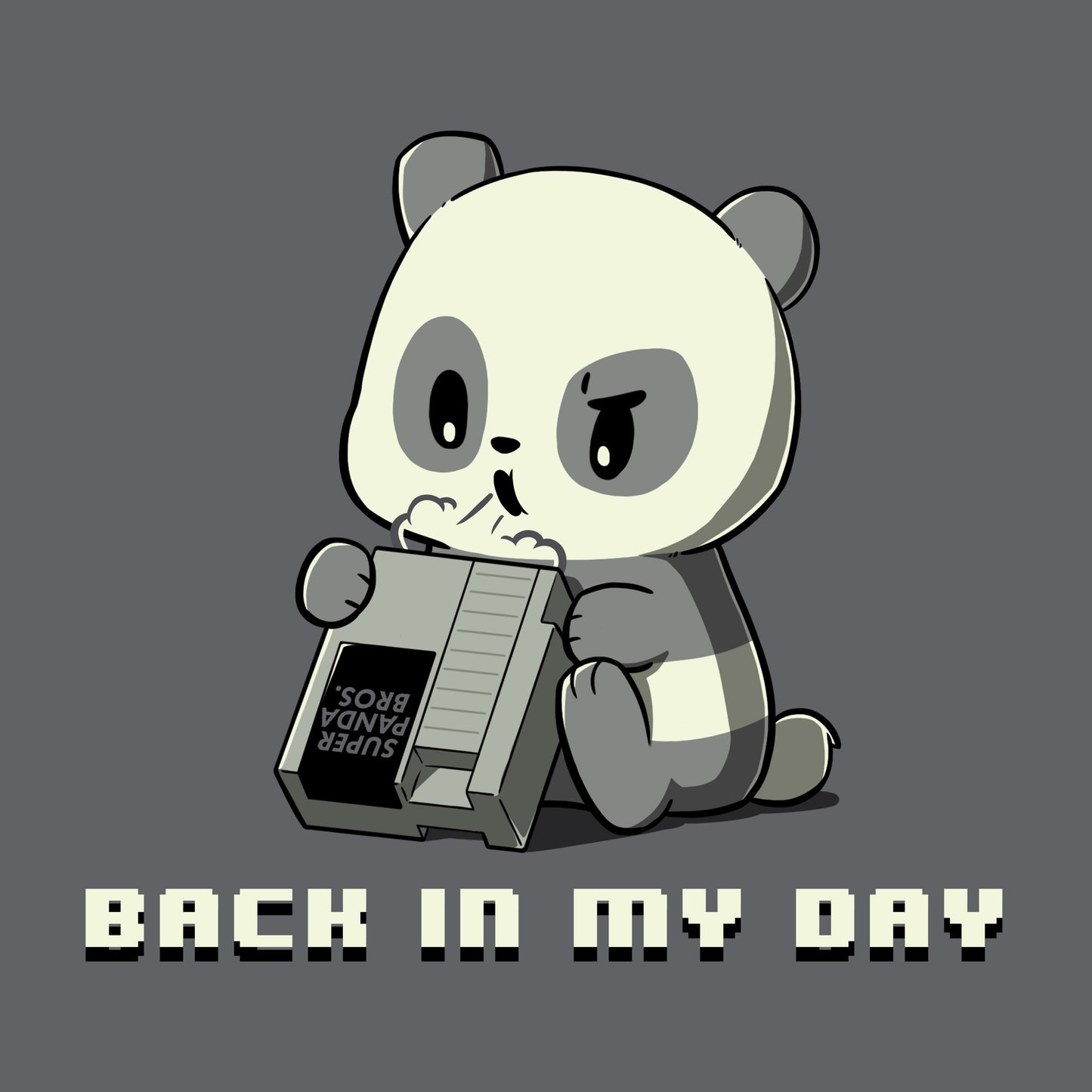 Premium Cotton T-shirt_A cartoon panda blows into an old video game cartridge labeled "Super Panda Bros." on a charcoal gray apparel. The text below reads "Back in my day." This monsterdigital "Back in My Day" original is perfect for the nostalgic video game technician.