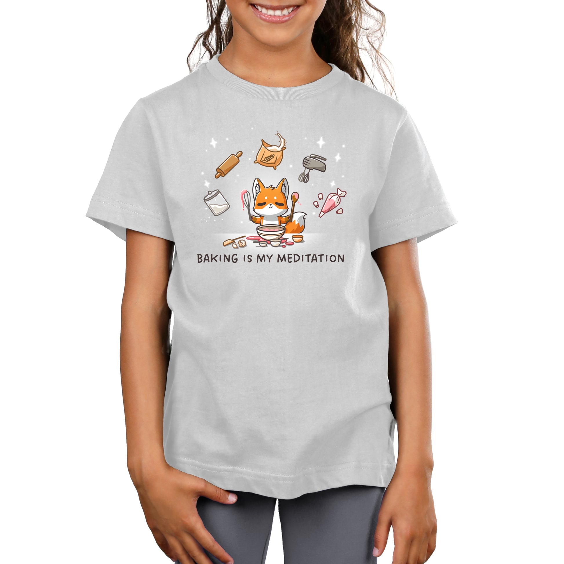 Premium Cotton T-shirt_TeeTurtle silver gray Baking Is My Meditation t-shirt featuring a peaceful fox in front of a bowl of batter holding baking tools with other baking tools floating around it in an arc.