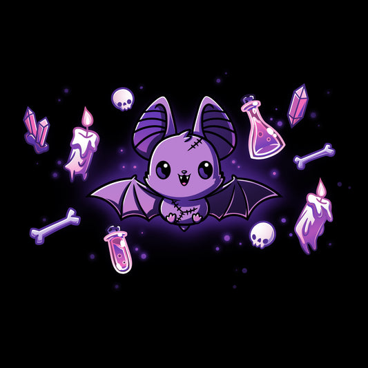 Premium Cotton T-shirt_TeeTurtle Bat & Baubles black t-shirt featuring a bat surrounded by glowing candles, bones, potion bottles, skulls, and crystals.