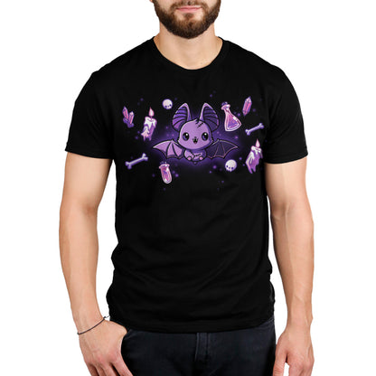 Premium Cotton T-shirt_TeeTurtle Bat & Baubles black t-shirt featuring a bat surrounded by glowing candles, bones, potion bottles, skulls, and crystals.