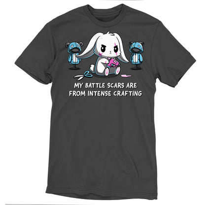Premium Cotton T-shirt - Battle Scars by monsterdigital: Charcoal gray apparelfeaturing a cartoon rabbit with a glue gun, flanked by two plush bears. Text reads: "My battle scars are from intense crafting." Made from super soft ringspun cotton for ultimate comfort.
