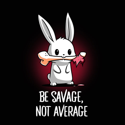Cartoon bunny with a fierce expression holds a bone with meat in its mouth. The text below reads, 