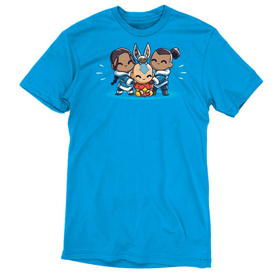 Premium Cotton T-shirt_TeeTurtle cobalt blue Better Together apparel featuring Aang, Katara, Sokka, and Momo from Avatar: The Last Airbender in a group hug.