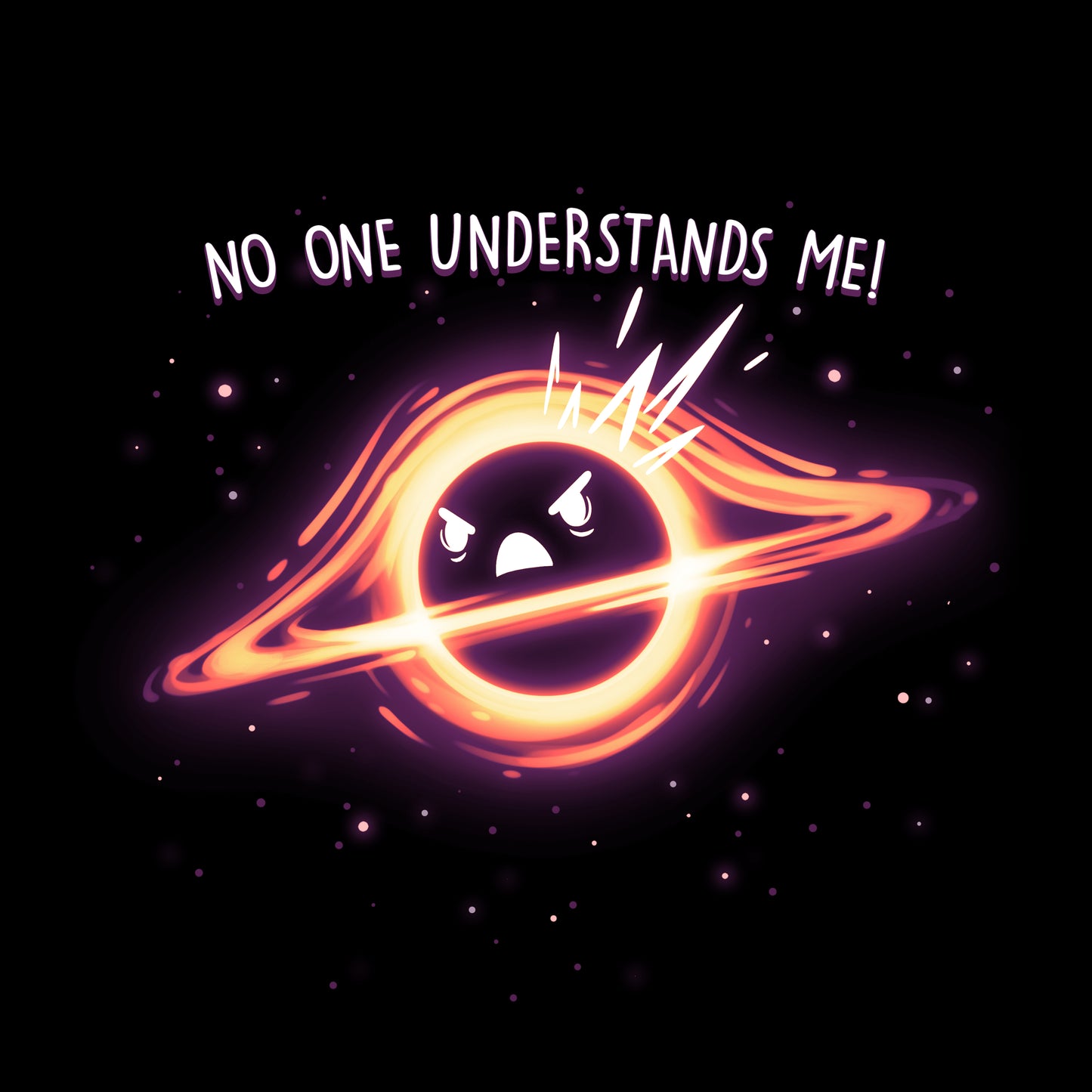 Illustration of an angry cartoon planet with a fiery ring, set against a dark space background, printed on a monsterdigital Black Hole Angst t-shirt, with the phrase "no one understands me!" above it.