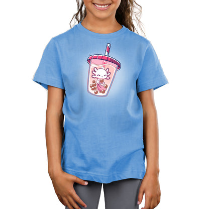 Premium Cotton T-shirt_TeeTurtle Boba Axolotl light blue t-shirt featuring an illustration of a white axolotl with a pink-shaded tail fin looking happy swimming amidst a cluster of brown tapioca pearls inside a boba drink with a pink lid on the cup and pink and white straw in the cup.