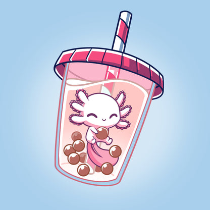 Premium Cotton T-shirt_TeeTurtle Boba Axolotl light blue t-shirt featuring an illustration of a white axolotl with a pink-shaded tail fin looking happy swimming amidst a cluster of brown tapioca pearls inside a boba drink with a pink lid on the cup and pink and white straw in the cup.