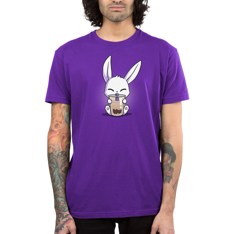 Premium Cotton T-shirt_Teeturtle Boba Bunny purple t-shirt featuring a cute white-furred bunny happily sipping a cup of Boba Tea.
