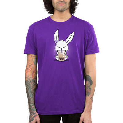 Premium Cotton T-shirt_Teeturtle purple Boba Bunny apparel featuring a white bunny happily sipping a large cup of Boba Tea.
