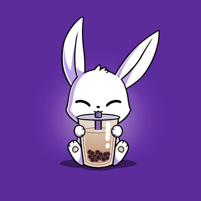 Premium Cotton T-shirt_Teeturtle purple Boba Bunny apparel featuring a white bunny happily sipping a large cup of Boba Tea.