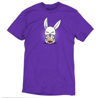 Premium Cotton T-shirt_Teeturtle Boba Bunny purple t-shirt featuring a cute white-furred bunny happily sipping a cup of Boba Tea.
