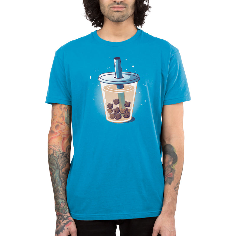 Premium Cotton T-shirt_Teeturtle Boba Kitties cobalt blue t-shirt featuring a cup of Boba Tea but with the Boba Pearls replaced with cute little cartoon kitten heads.