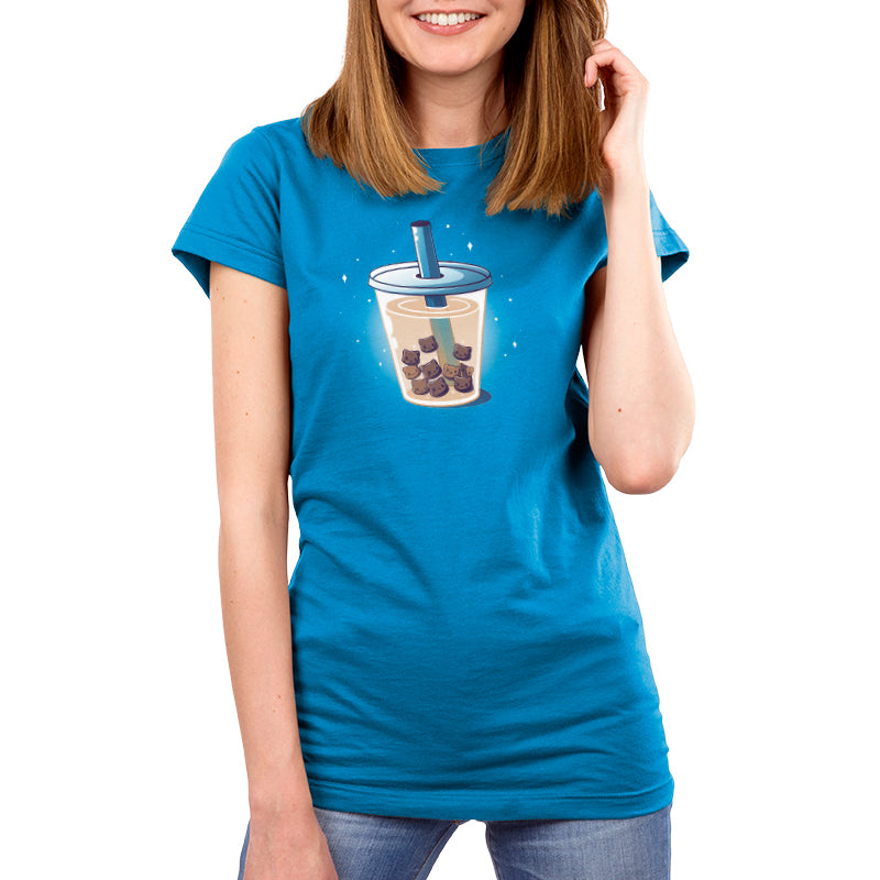 Premium Cotton T-shirt_Teeturtle Boba Kitties cobalt blue t-shirt featuring a cup of Boba Tea but with the Boba Pearls replaced with cute little cartoon kitten heads.