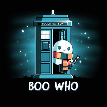 Premium Cotton T-shirt_TeeTurtle black Boo Who. Featuring a ghost wearing a scarf and holding a tool coming out of a phone booth.