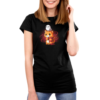 Premium Cotton T-shirt_TeeTurtle Brave Kitty black t-shirt featuring a magical orange cat in a scarf with a white fantasy owl on its head.