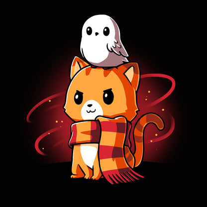 Premium Cotton T-shirt_TeeTurtle Brave Kitty black t-shirt featuring a magical orange cat in a scarf with a white fantasy owl on its head.