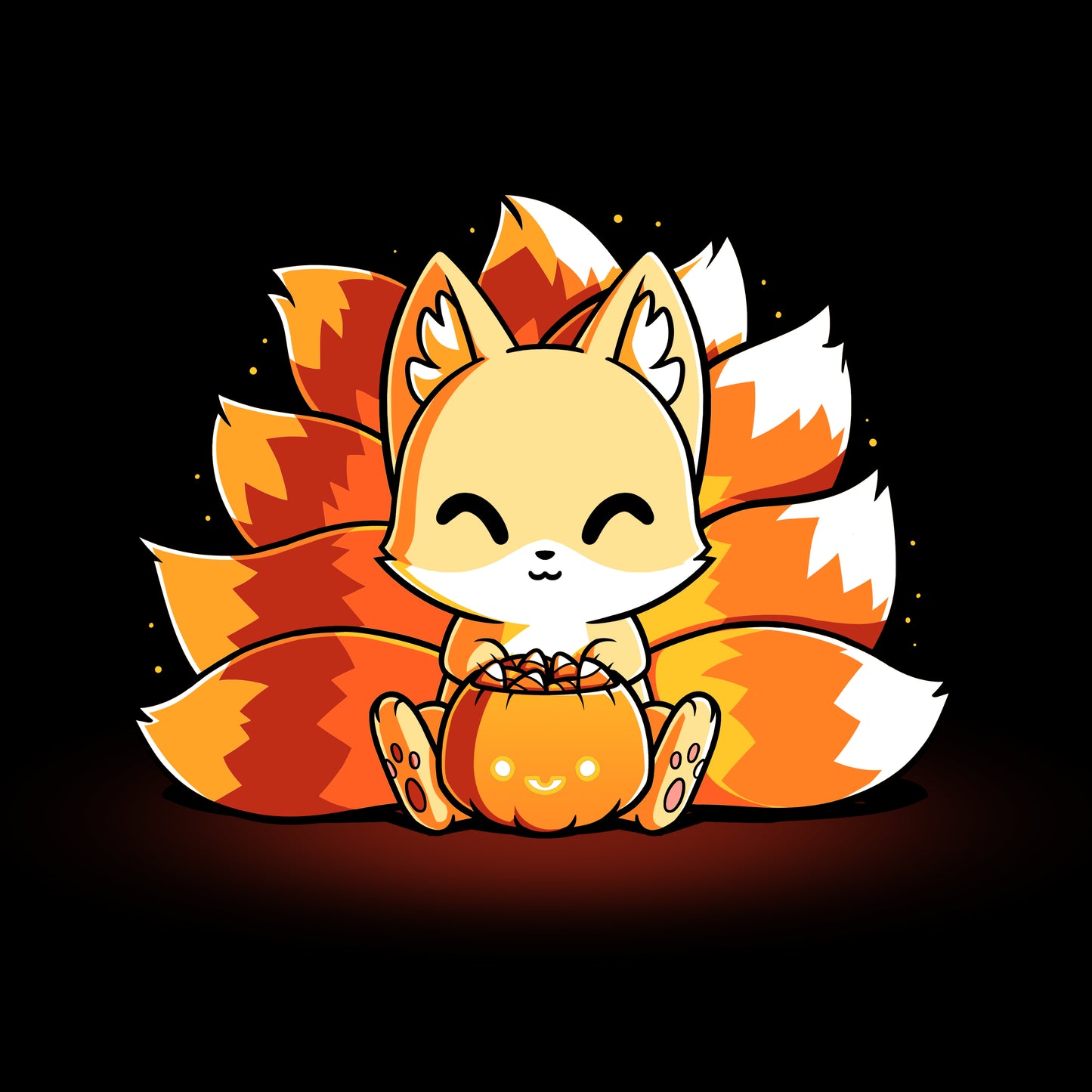 A cute, chibi-style nine-tailed fox with orange and white fur, known as the Candy Corn Kitsune, sits joyfully holding an orange pumpkin against a black backdrop. This delightful scene is beautifully printed on a super soft ringspun cotton black t-shirt by monsterdigital.