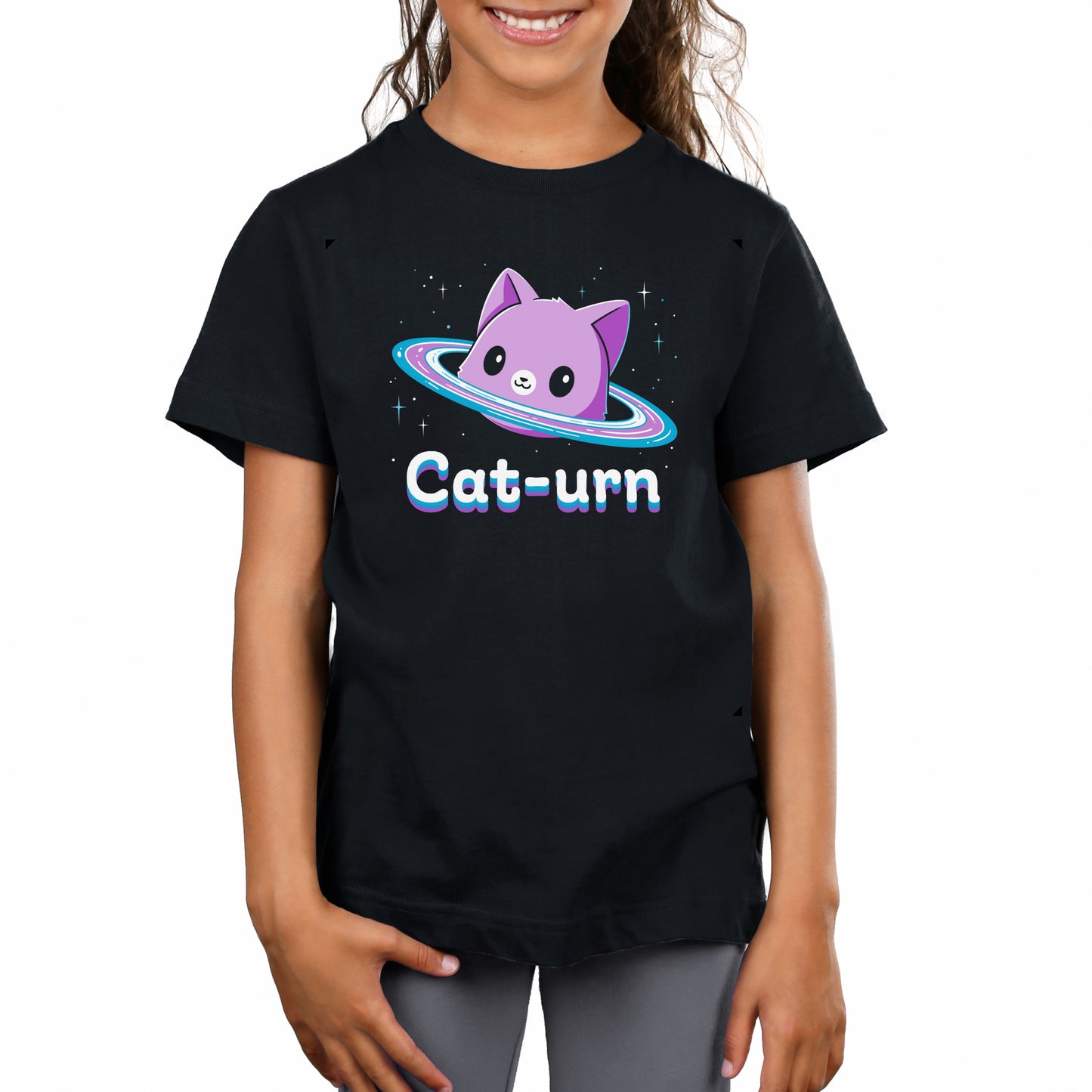 Premium Cotton T-shirt_Teeturtle Cat-urn black t-shirt featuring a cute cat head floating in space surrounded by stars and rings like Saturn and the word 'Cat-urn' written below it.