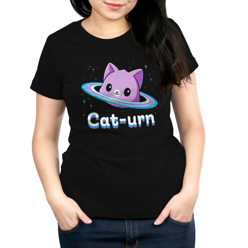 Premium Cotton T-shirt_Teeturtle Cat-urn black t-shirt featuring a cute cat head floating in space surrounded by stars and rings like Saturn and the word 'Cat-urn' written below it.