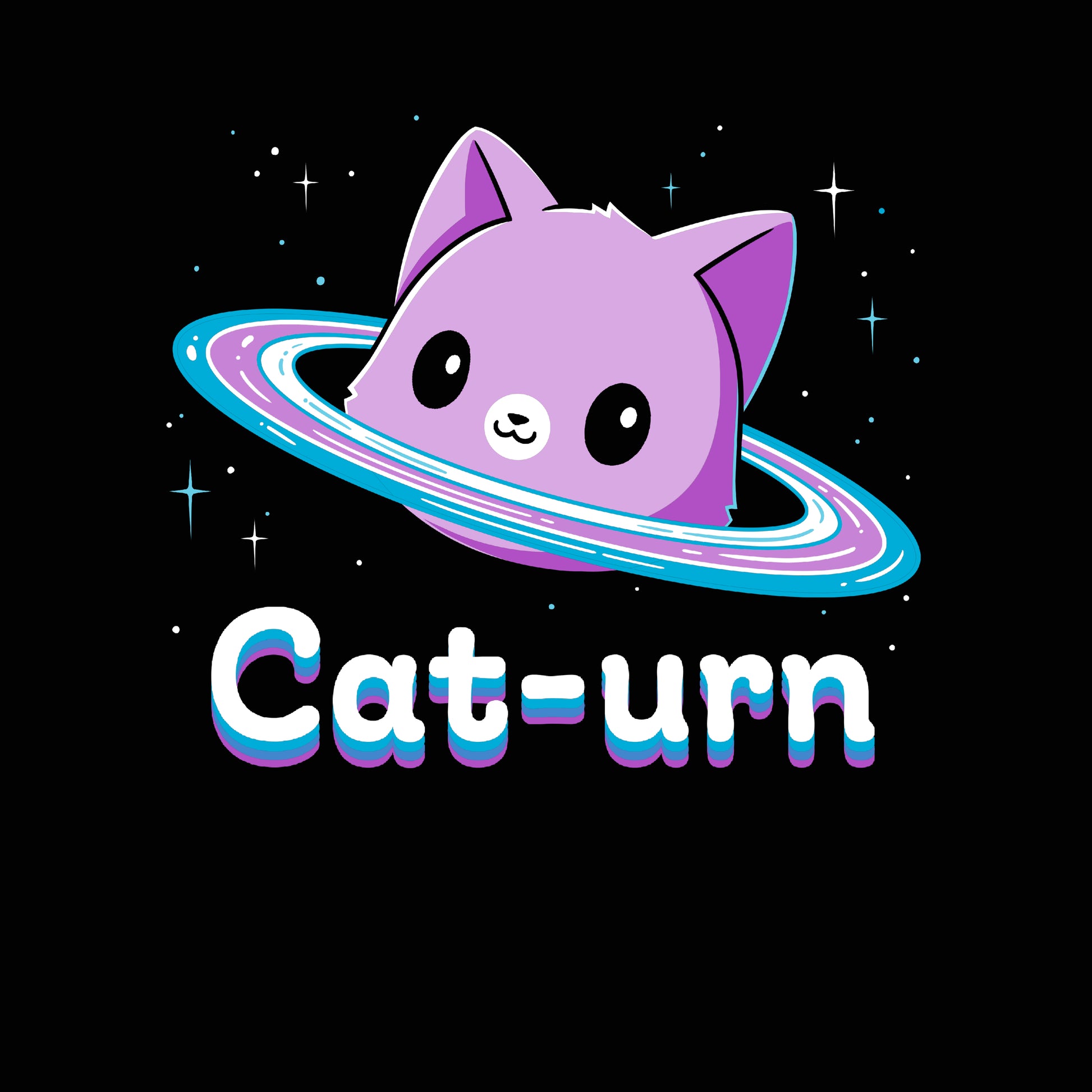 Premium Cotton T-shirt_Teeturtle Cat-urn black t-shirt featuring a cute cat head floating in space surrounded by stars and rings like Saturn and the word 'Cat-urn' written below it.