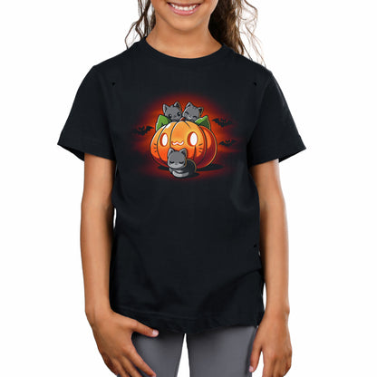 Premium Cotton T-shirt_TeeTurtle black Cat O'Lantern. Featuring a giant pumpkin jack-o-lantern with a cat face surrounded by cats.