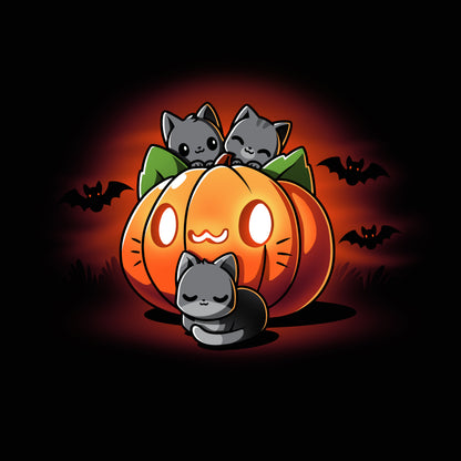 Premium Cotton T-shirt_TeeTurtle black Cat O'Lantern. Featuring a giant pumpkin jack-o-lantern with a cat face surrounded by cats.