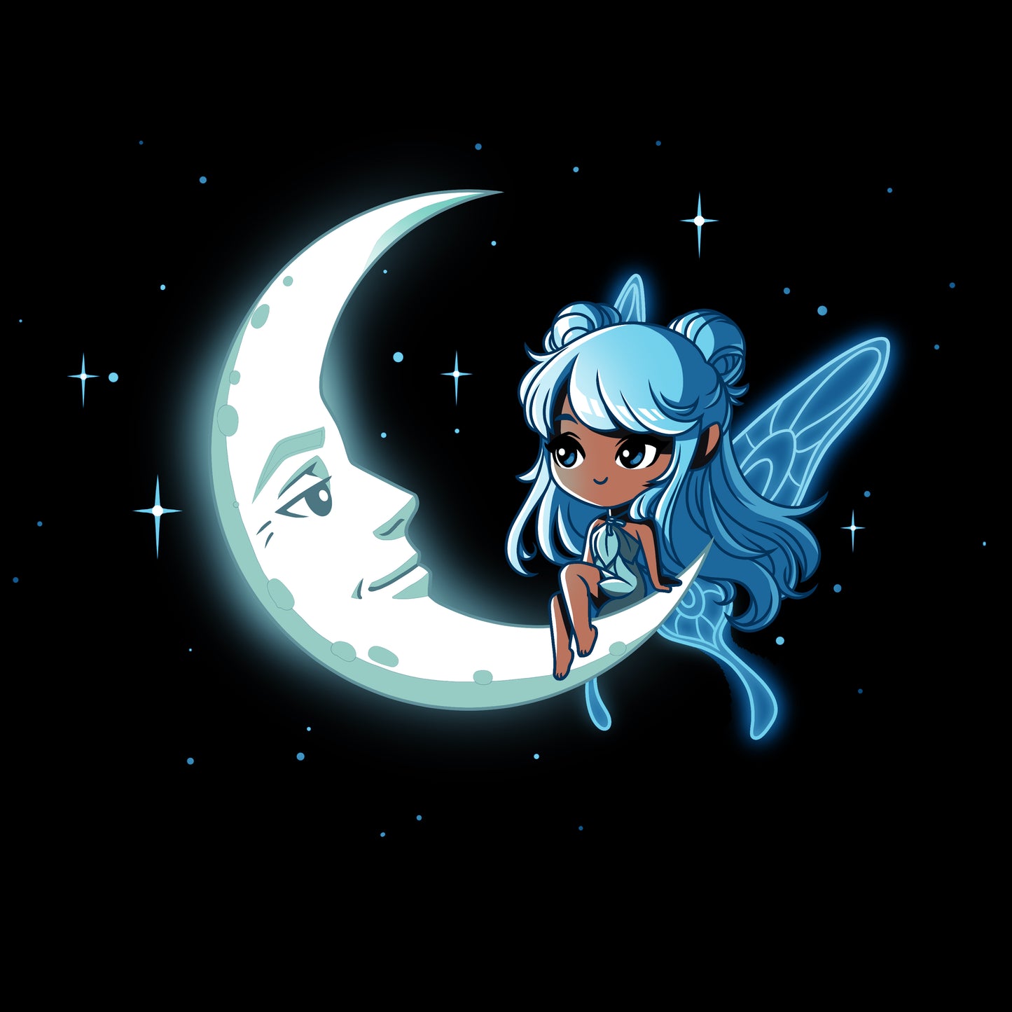 Premium Cotton T-shirt - A Celestial Fairy with blue hair and wings sits on a crescent moon with a face, surrounded by stars against a black background on this monsterdigital Celestial Fairy black apparel made of Super Soft Ringspun Cotton.