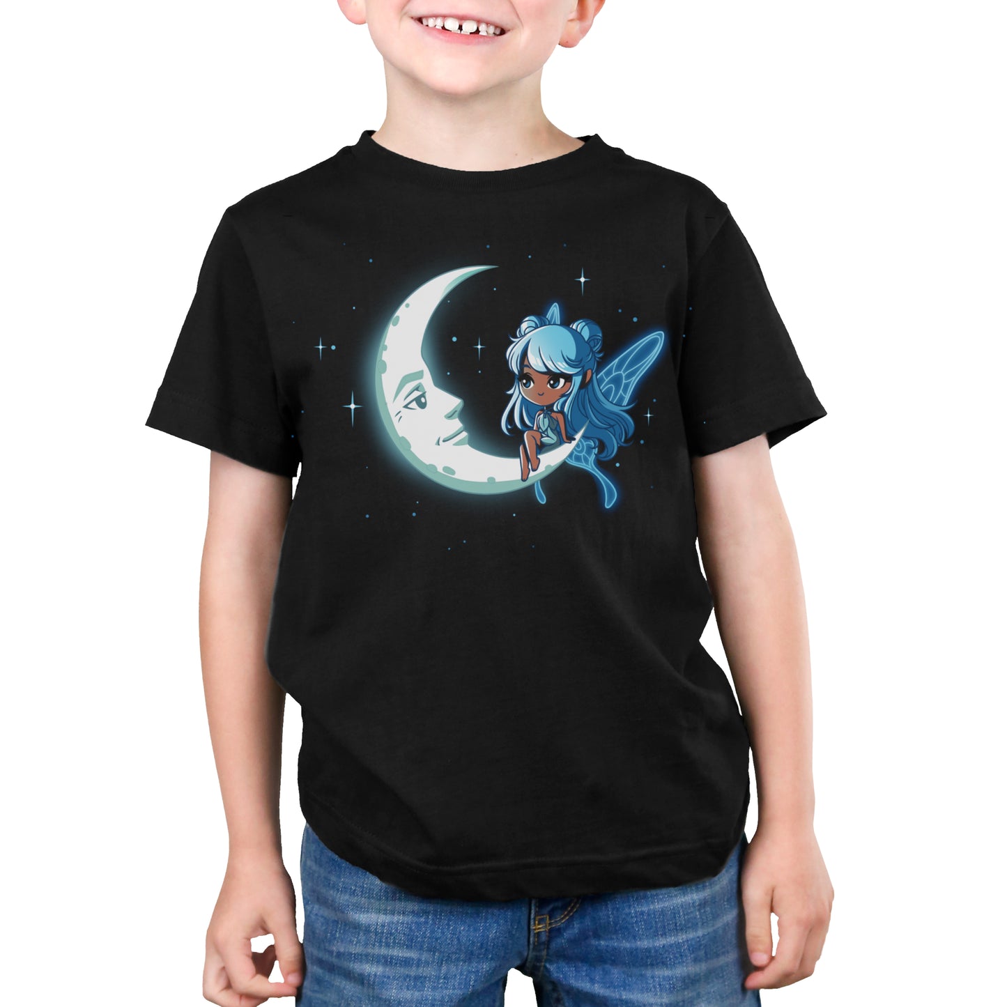 Premium Cotton T-shirt - A child wears a super soft ringspun cotton black apparel featuring the design "Celestial Fairy" by monsterdigital, showcasing a moon with a face and a celestial fairy with blue hair and wings, surrounded by stars.