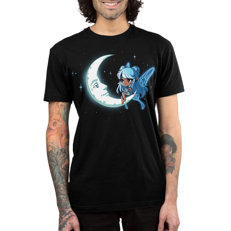 Premium Cotton T-shirt - Person wearing a super soft ringspun cotton black apparel featuring a cartoon character with blue hair sitting on a crescent moon, resembling a Celestial Fairy by monsterdigital.